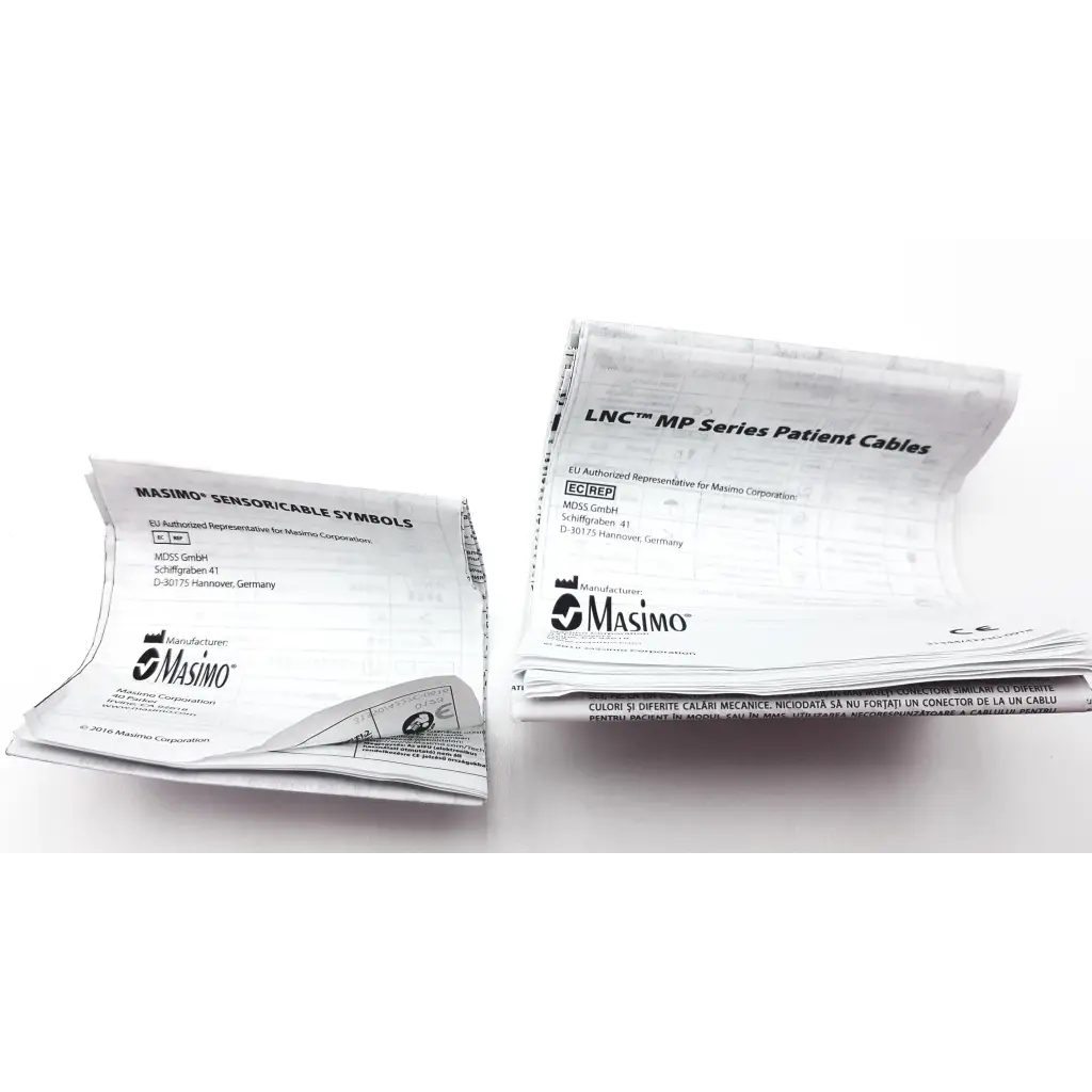 White paper packaging for masimo lnc mp10 sensor and lnc mp series patient cables showing product symbols