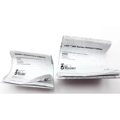 White paper packaging for masimo lnc mp10 sensor and lnc mp series patient cables showing product symbols