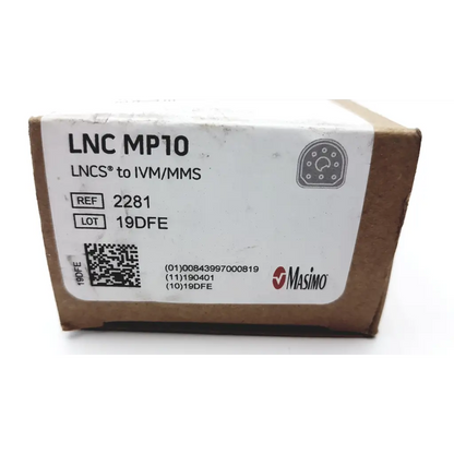 Masimo lnc mp10 medical device box with white label black text on brown cardboard for the masimo lnc mp10 2281 cable