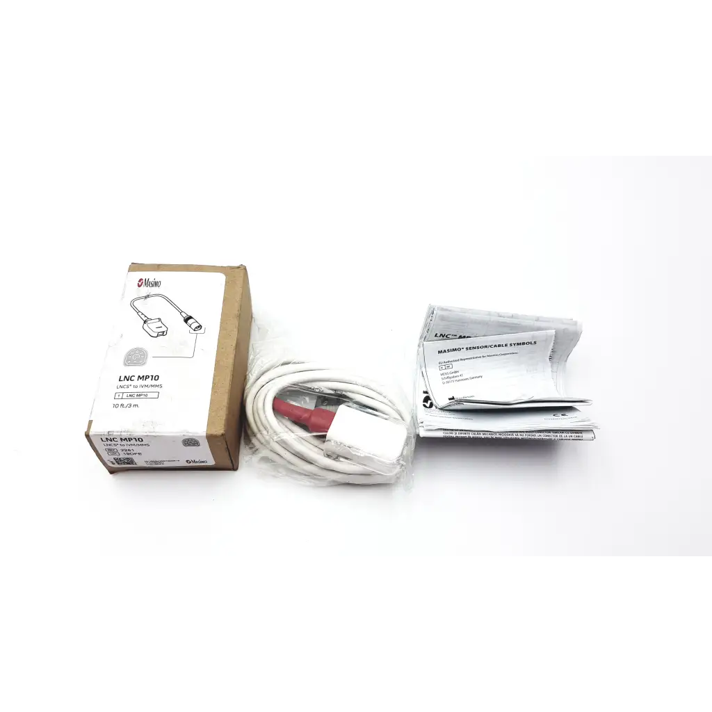 White coiled Masimo LNC MP10 cable with red connector and white housing for patient monitoring uses