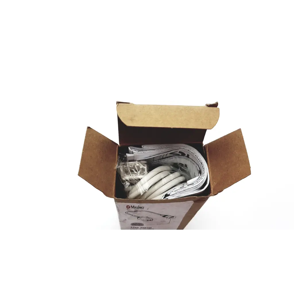 White coiled ethernet cable in cardboard box for masimo lnc mp10 patient monitoring use