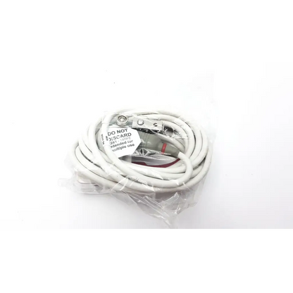 White coiled masimo lnc mp10 cable with metal clamps and label indicating not for disposal for medical use