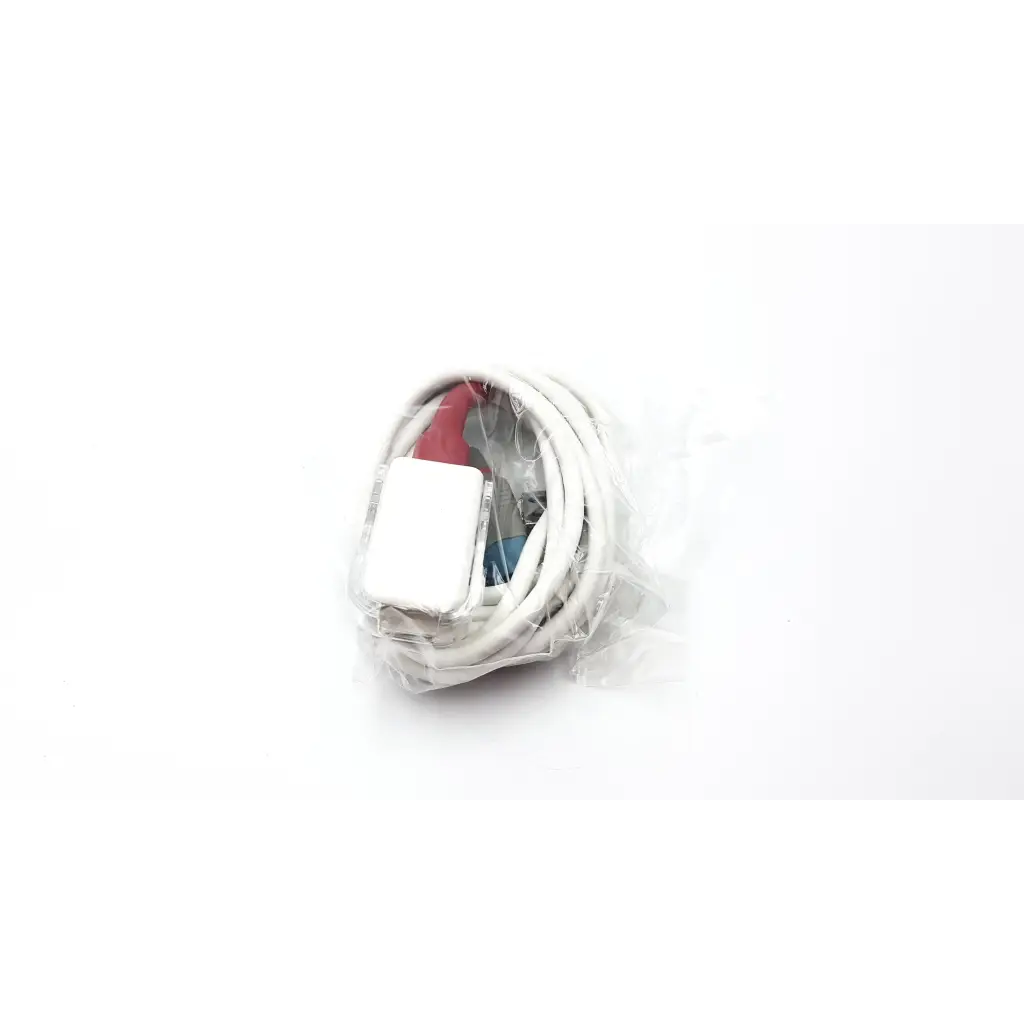 White masimo lnc mp10 charging cable with rectangular connector and red blue silver plugs in clear plastic packaging