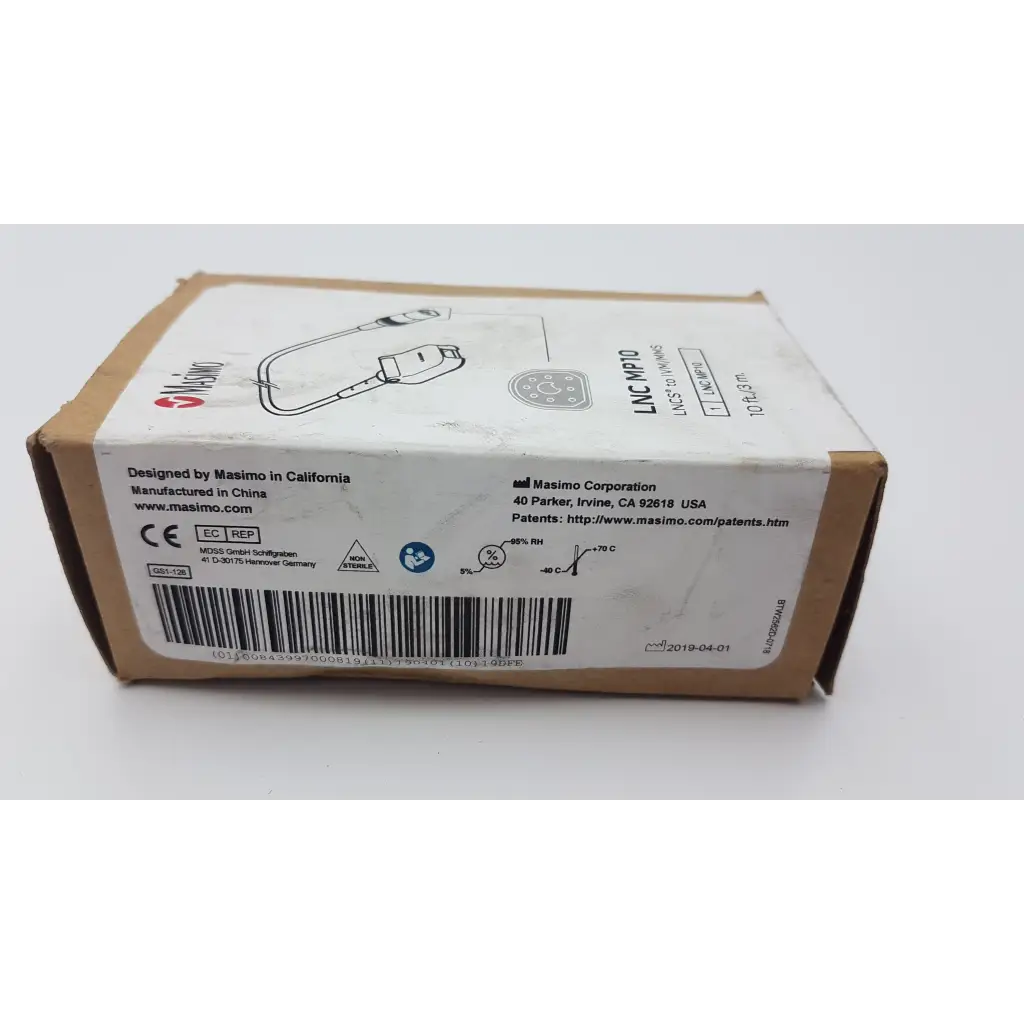 Masimo lnc mp10 pulse oximeter cable white labeled with black text in cardboard box for medical monitoring use
