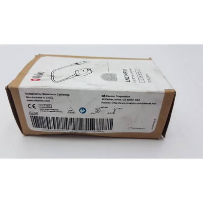 Masimo lnc mp10 pulse oximeter cable white labeled with black text in cardboard box for medical monitoring use