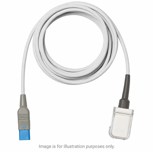 White masimo lncs spo2 patient cable with gray and blue connectors and clear plastic clip for spo2 patient use