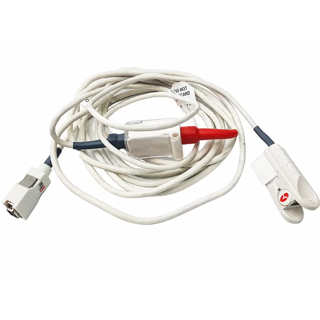 White masimo patient monitoring sensor cable with red clip gray connector coiled design biomed certified for easy storage