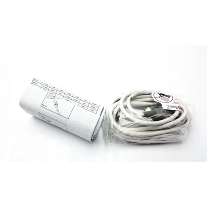 White coiled blood pressure cuff and tubing set in clear plastic packaging for masimo set lnc mp10 cable product