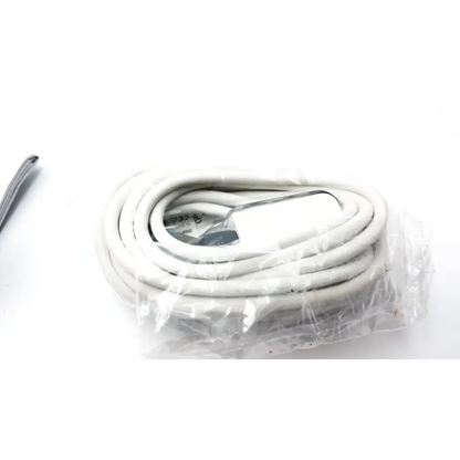 White coiled masimo set lnc mp10 cable with silver switch and plug wrapped in clear plastic packaging
