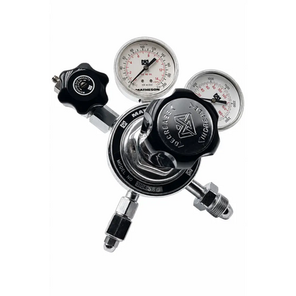 Matheson medical gas pressure regulator assembly with gauges featuring black and chrome finish and dual pressure gauges