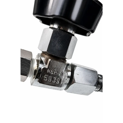 Silver metallic matheson medical gas pressure regulator assembly with black hexagonal knob and engraved model number