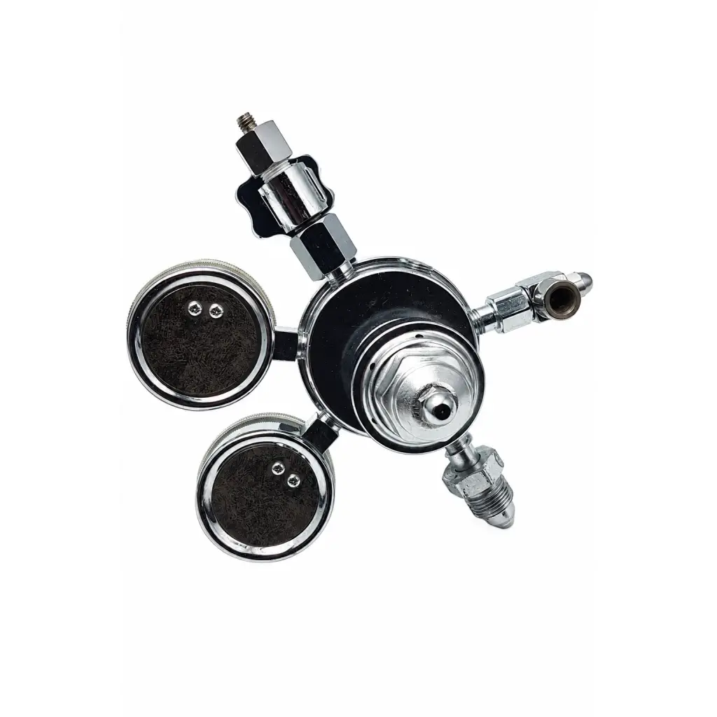 Chrome-finished medical gas pressure regulator assembly with black gauges and threaded metal fittings biomed certified