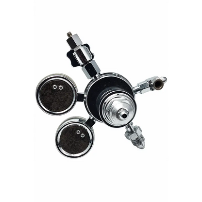 Chrome-finished medical gas pressure regulator assembly with black gauges and threaded metal fittings biomed certified