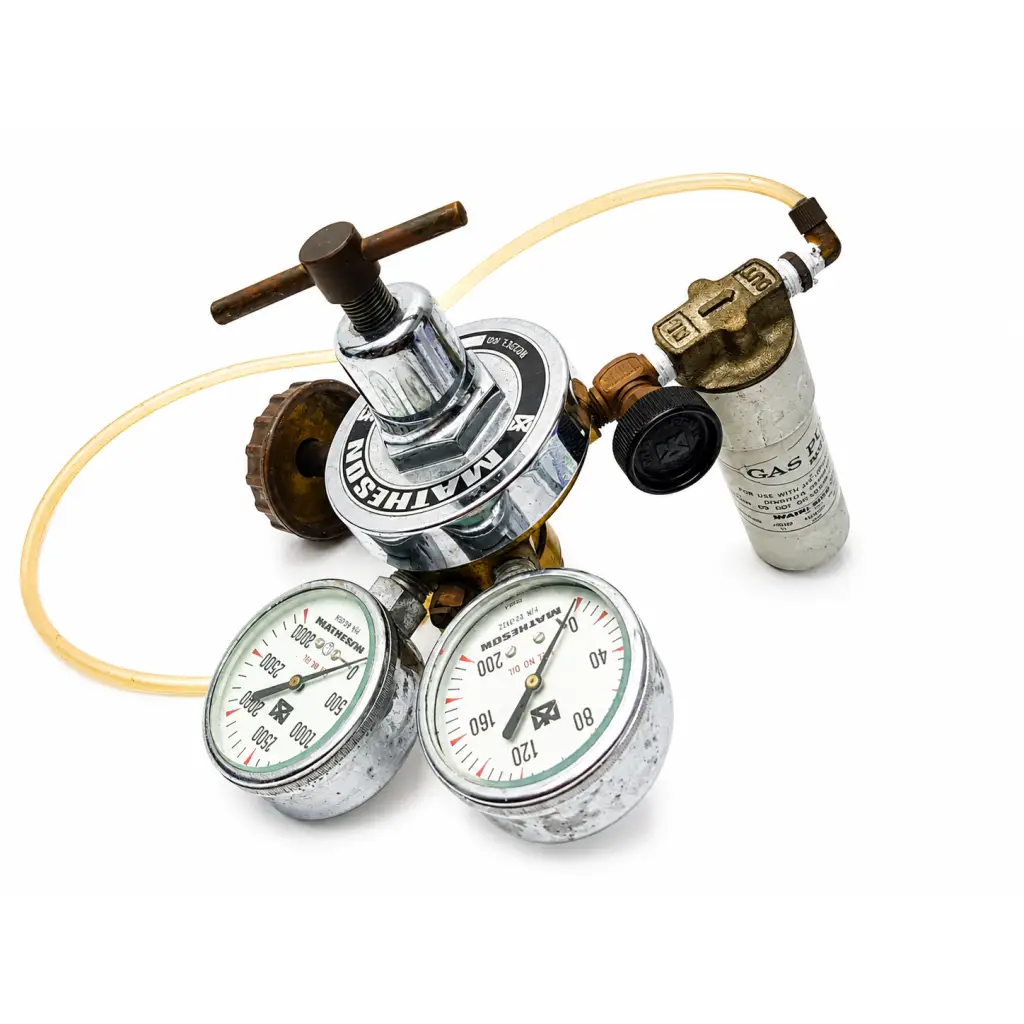 Matheson medical gas pressure regulator with chrome plating brass fittings two gauges and a black side knob for gas pressure control