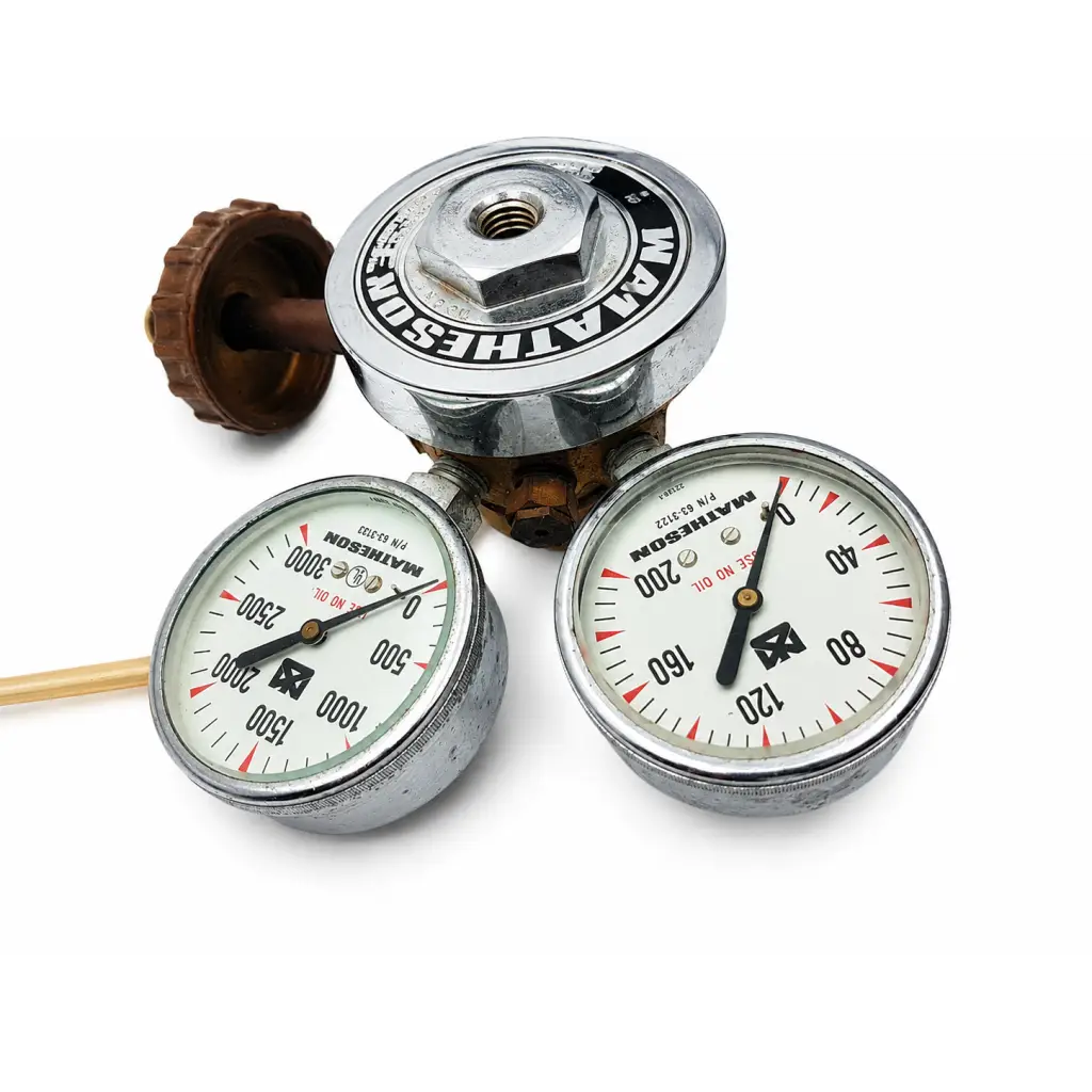 Chrome-plated Matheson medical gas pressure regulator with two pressure gauges and brown knob biomed certified
