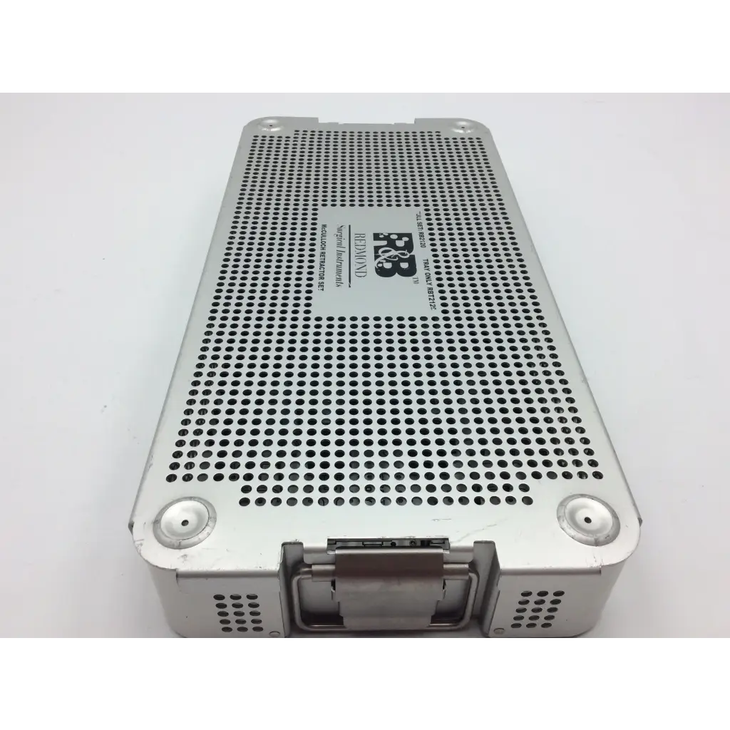 Silver perforated metal mcculloch retractor instrument tray with hinged lid and corner latches for surgical use