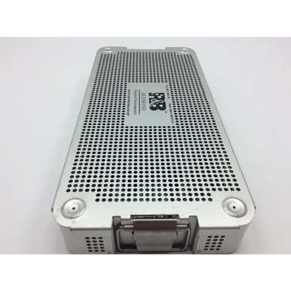 Silver perforated metal mcculloch retractor instrument tray with hinged lid and corner latches for surgical use