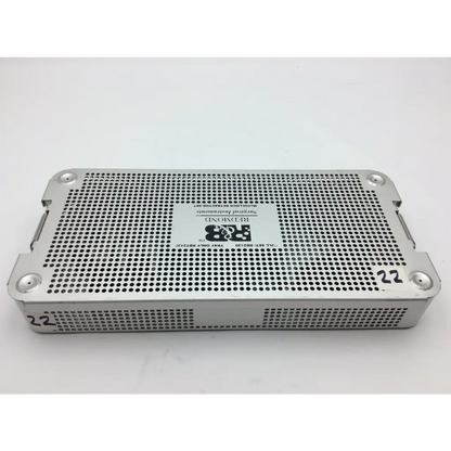 Silver perforated metal mcculloch retractor instrument tray with labeled brand logo and numbered markings