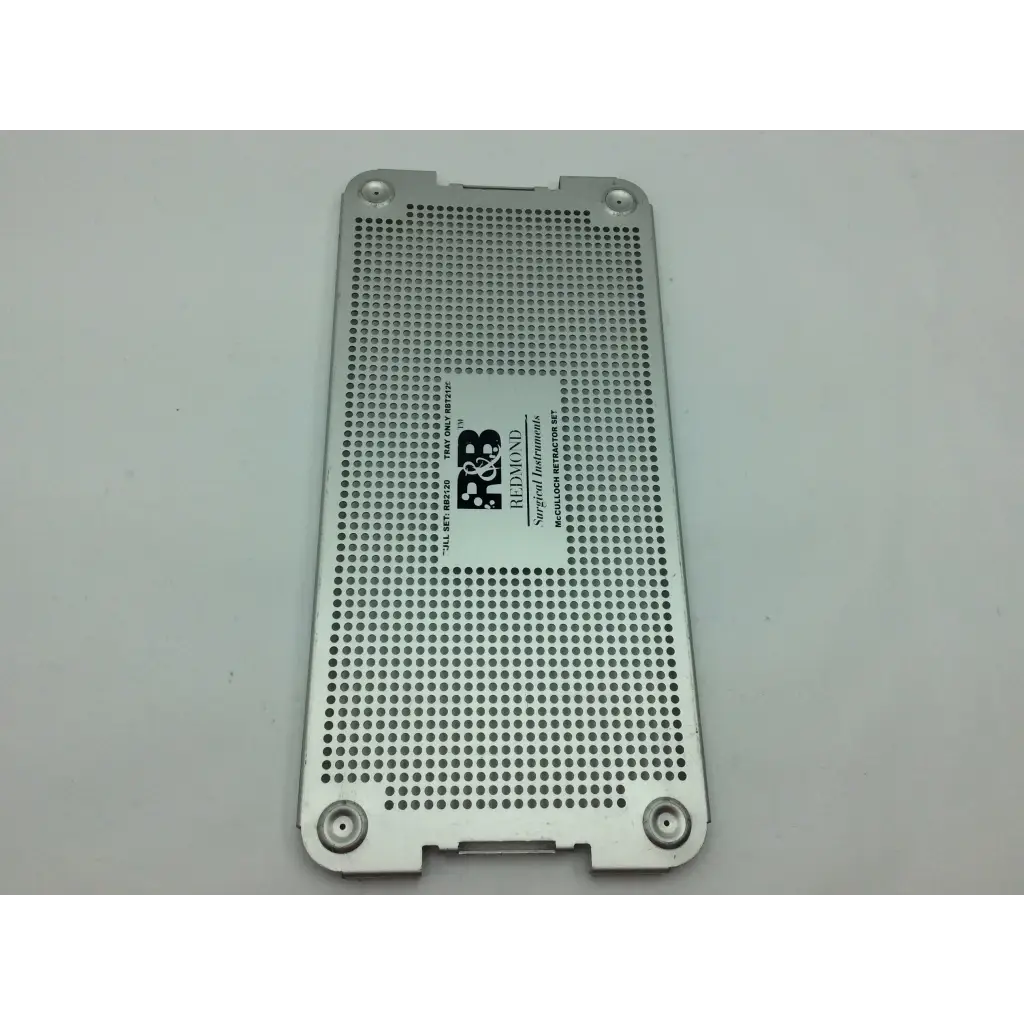 Silver perforated metal mcculloch retractor instrument tray with evenly spaced holes and redmond surgical instruments logo