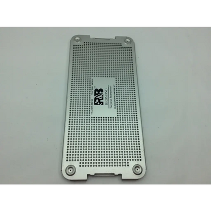 Silver perforated metal mcculloch retractor instrument tray with evenly spaced holes and redmond surgical instruments logo