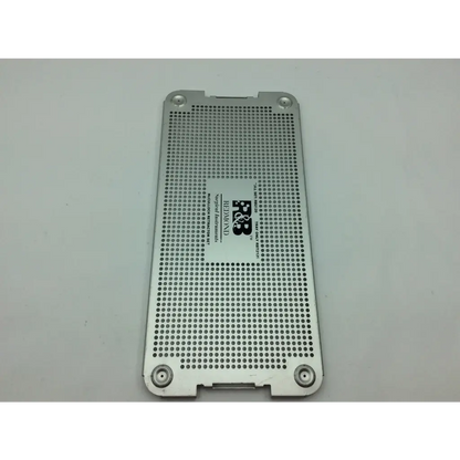 Silver perforated metal plate with central logo and four corner screws for mcculloch retractor instrument tray