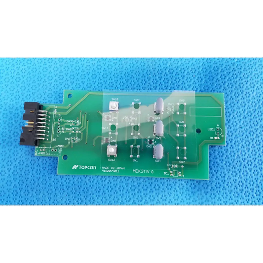 Green control panel button switch circuit board with silver components and black connectors for topcon retinal camera