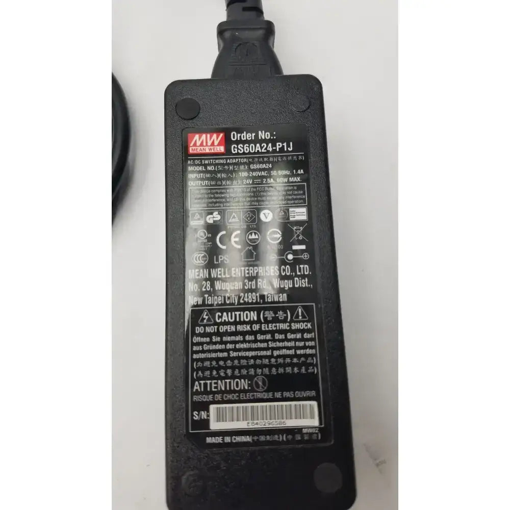 Black plastic mean well gs60a24-p1j power supply adapter with matte finish and printed specifications label