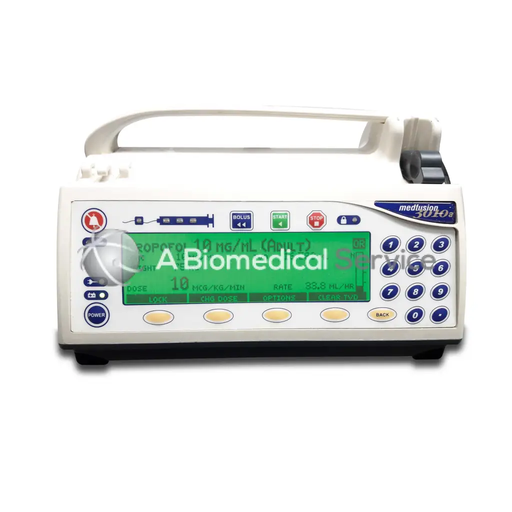 White medfusion 3020a infusion pump with green digital display and blue buttons for medfusion 3010a biomedical service