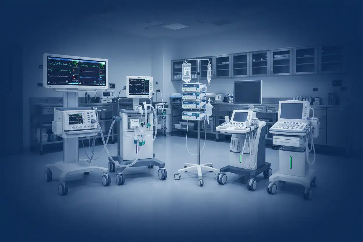 Medical imaging equipment with multiple monitors and control panels, featuring sleek white and gray surfaces.