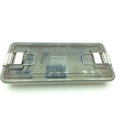 Transparent plastic surgical instrument tray with metallic latches and perforated lid by medical horizon instrument