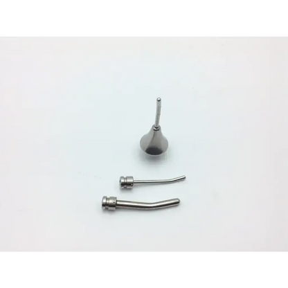 Stainless steel dental handpiece with conical nozzle and two curved threaded tips from medical horizon instrument set
