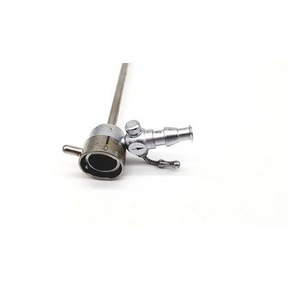 Silver-colored metallic endoscope with cylindrical body and control knobs from medical horizons da24-48 model 18-2304