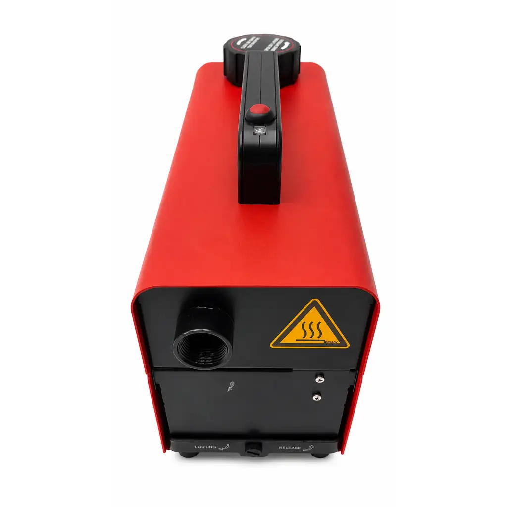 Red and black industrial-grade fog machine with handle and threaded port for medical illumination sg1000 light source use