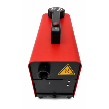 Red and black industrial-grade fog machine with handle and threaded port for medical illumination sg1000 light source use
