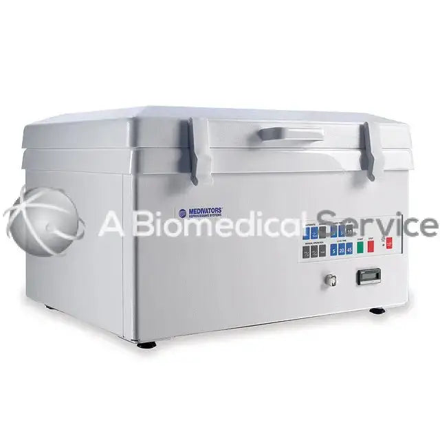 White medivators cer 2 endoscope reprocessor with handle latches and control panel featuring colored buttons