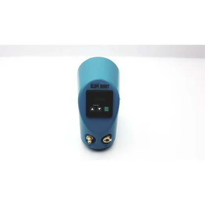 Blue cylindrical medivators scope buddy endoscope flushing aid with digital display and two brass-colored ports