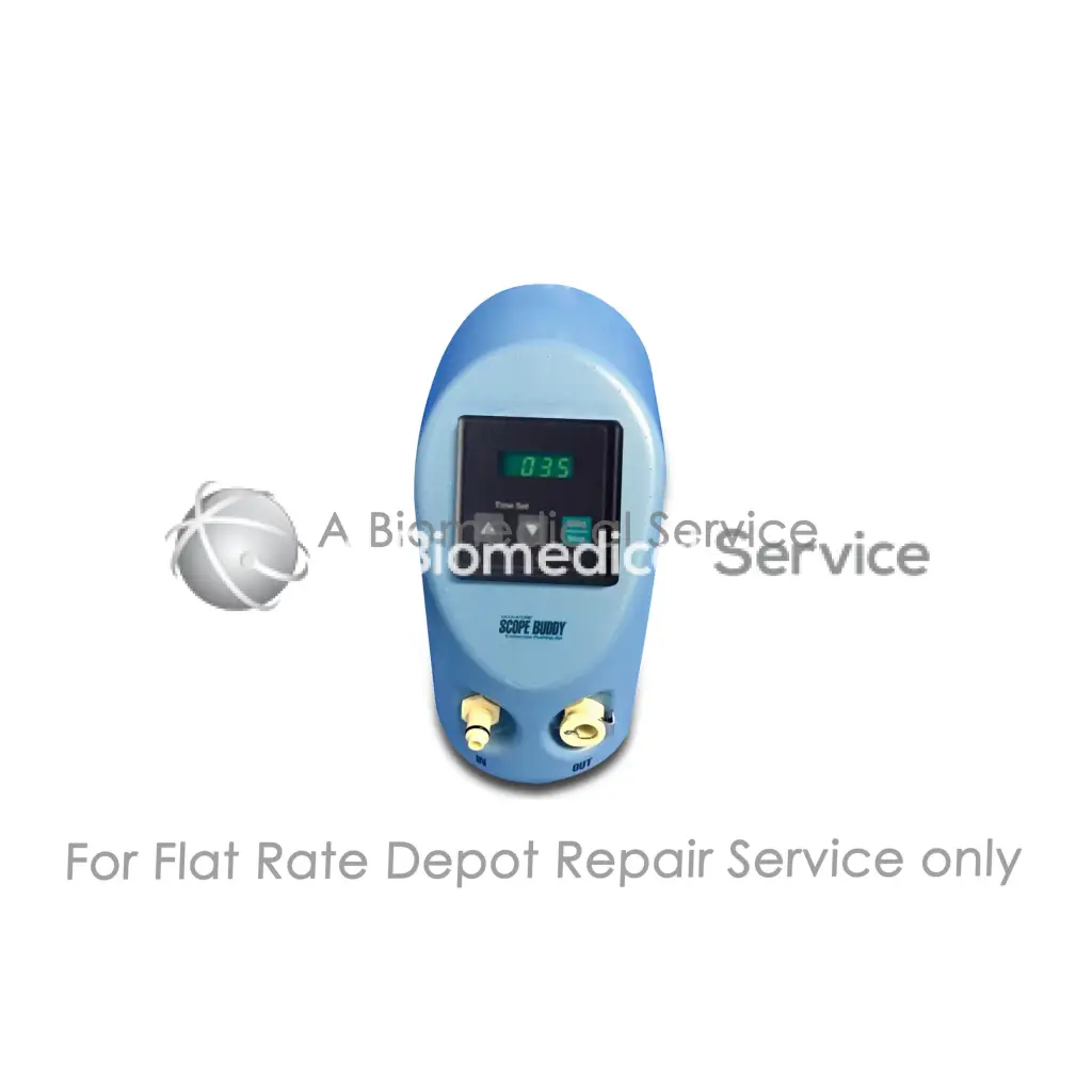 Light blue plastic medical equipment device with digital display and gold knobs for medivators scope repair service flat-rate repair