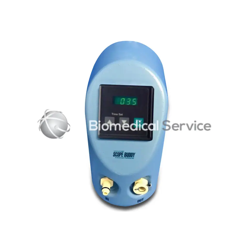 Light blue plastic medivators scope medical device with digital display 0.35 and yellow in out ports for biomedical service