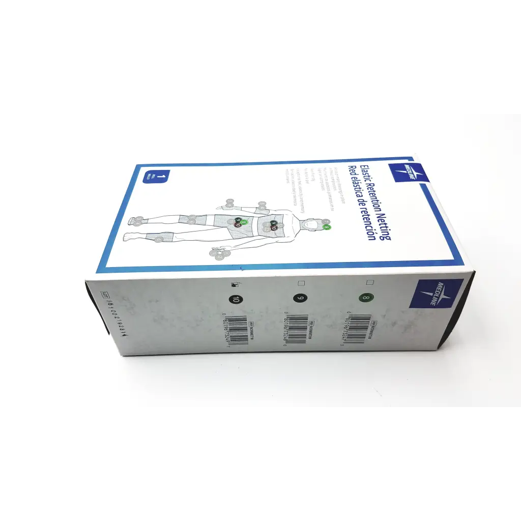 White cardboard box with blue trim labeled medline elastic retention netting retention netting nonnet08 product packaging