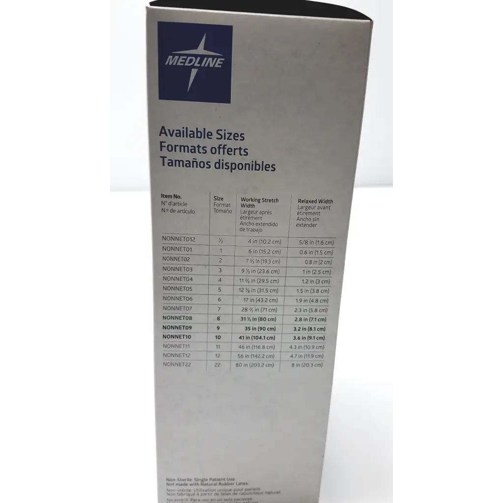 White cardboard box for medline elastic retention netting nonnet08 medical gauze with blue logo and multilingual size chart