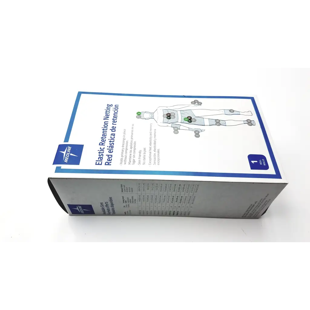 White and blue cardboard box of medline elastic retention netting product retention netting nonnet08 packaging