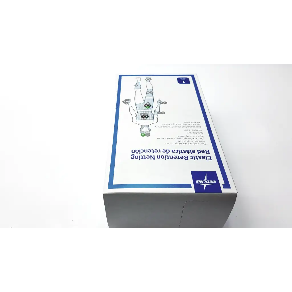 White cardboard box with blue trim labeled medline elastic retention netting retention netting nonnet08 packaging