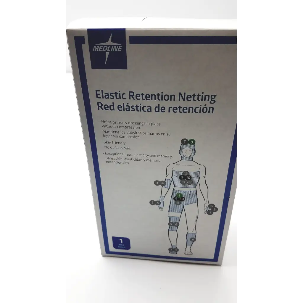 White and blue box of medline elastic retention netting retention netting nonnet08 for secure dressing support