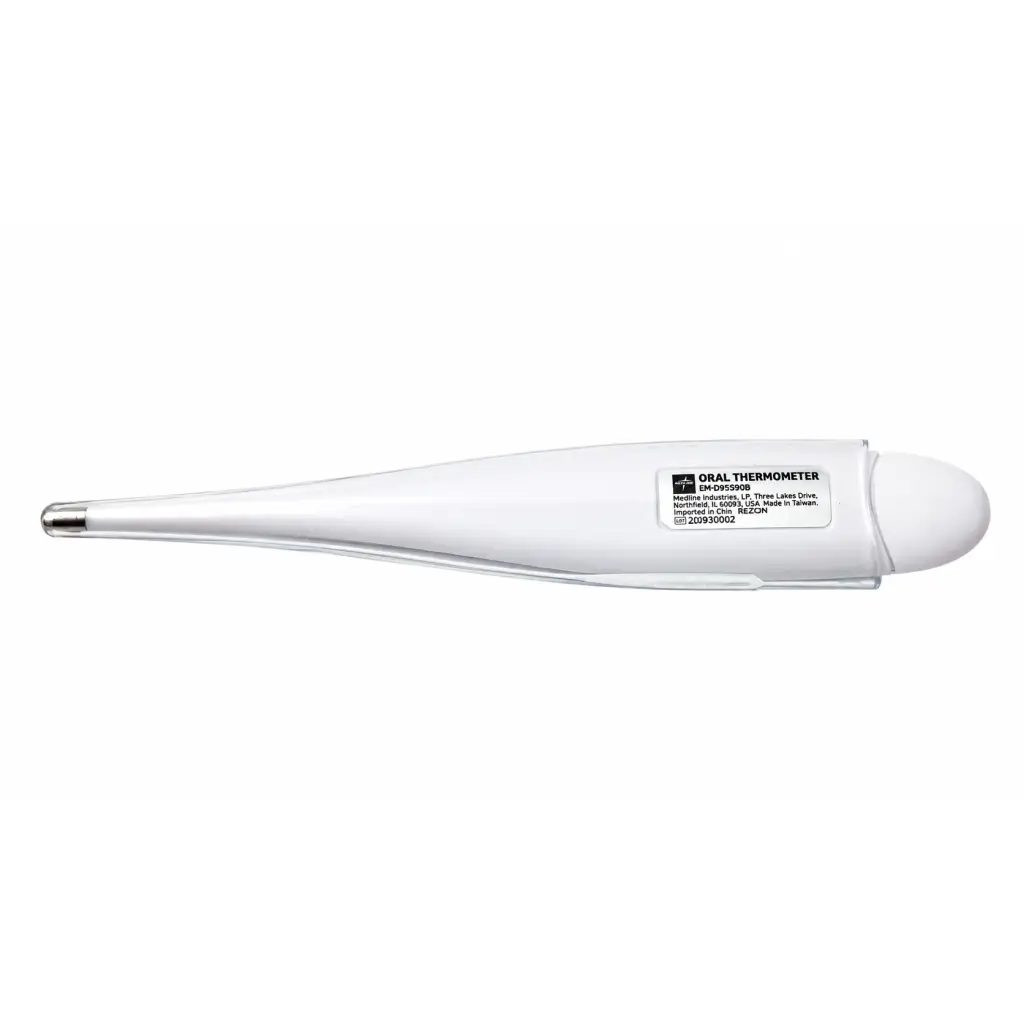 White plastic medline mds9950b oral digital thermometer with metallic tip biomed certified and sleek tapered design