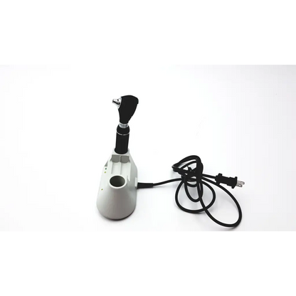 Black and silver medline riester otoscope with gray base in ophthalmoscope diagnostic desk set for medical exams