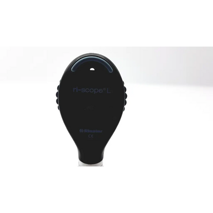 Black plastic medline riester otoscope with curved handle and textured grip in ophthalmoscope diagnostic desk set