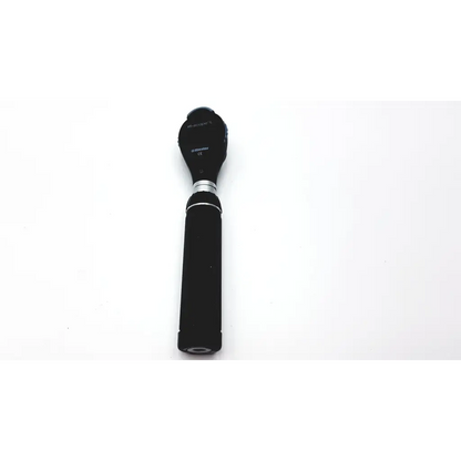 Black handheld ophthalmoscope with textured grip and metallic accents from Medline Riester otoscope diagnostic desk set
