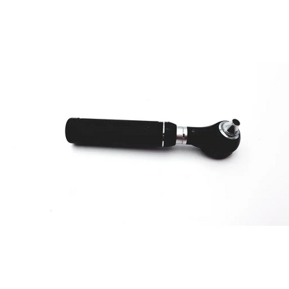 Black ergonomic medline riester otoscope with silver metallic joint and polished chrome tip in ophthalmoscope diagnostic desk set