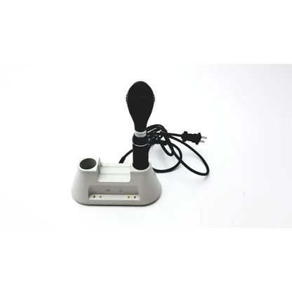Black ergonomic joystick on light gray plastic base with power cord for medline riester otoscope and ophthalmoscope diagnostic desk set