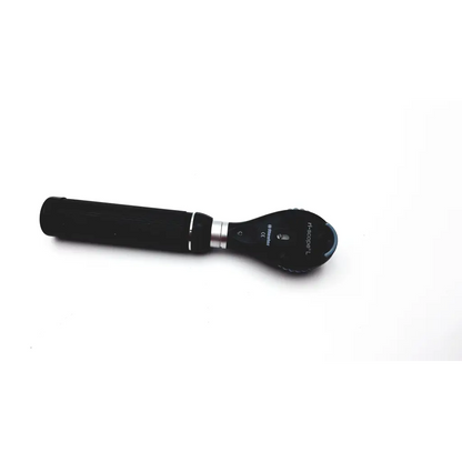 Black handheld ophthalmoscope with textured grip and silver accent ring in medline riester otoscope diagnostic desk set